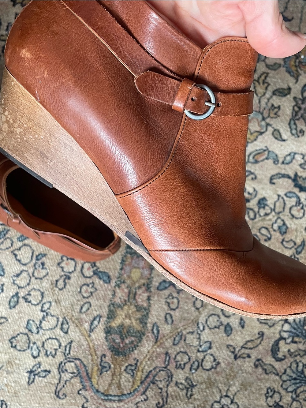 COCLICO Tan Leather Wedge Booties with Buckle, 39.5